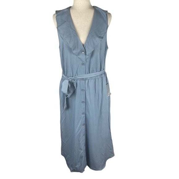 LONDON TIMES V-NECK CHAMBRAY RUFFLE SLEEVELESS MIDI DRESS IN BLUE NWT WOMEN'S 14 - Picture 3 of 15
